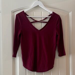 American Eagle Outfitters Burgundy V-Neck Long Sleeve Top with Crisscross Back